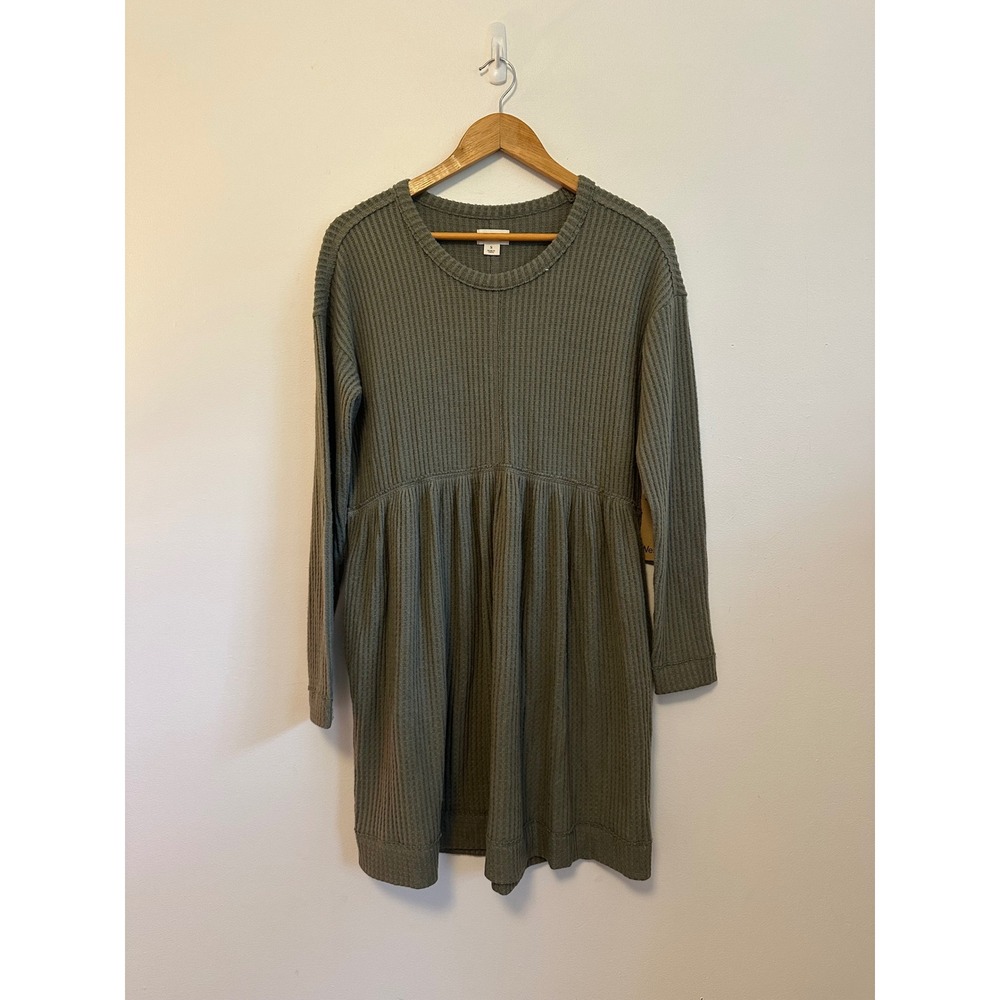 NWT UpWest Olive Green Waffle Knit Babydoll Mini Dress with Pockets | Size Small